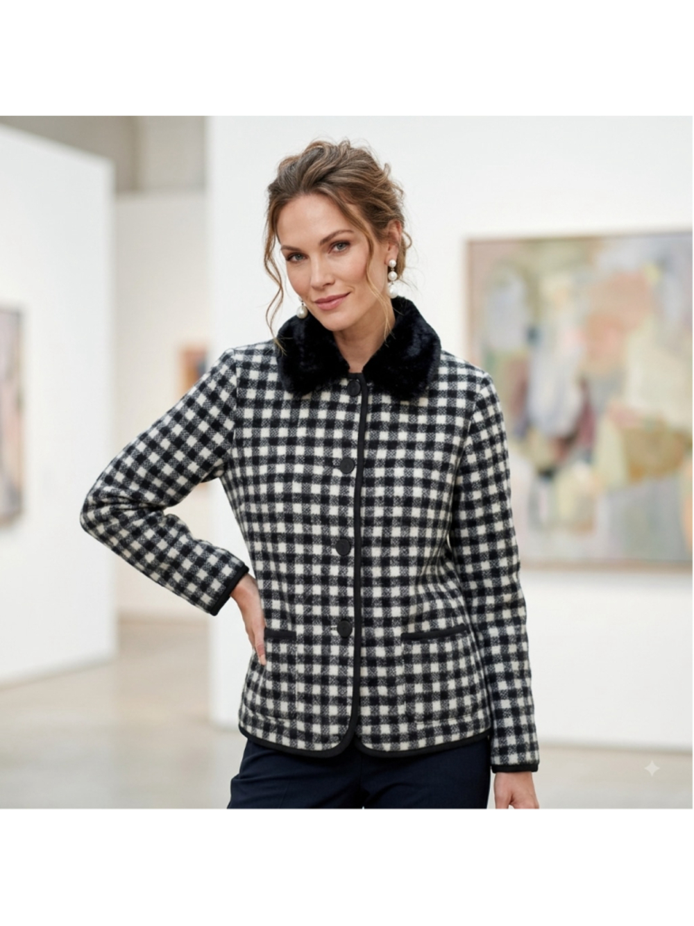 Talbots Womens Checkered Pattern Long Sleeve Buffalo Fleece Blazer Size Petite L